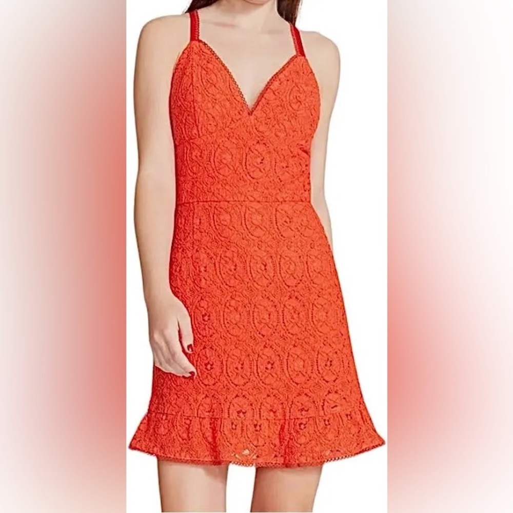 Betsey Johnson Orange Lace Mini Dress Ruffle Hem Flirty Cocktail Party